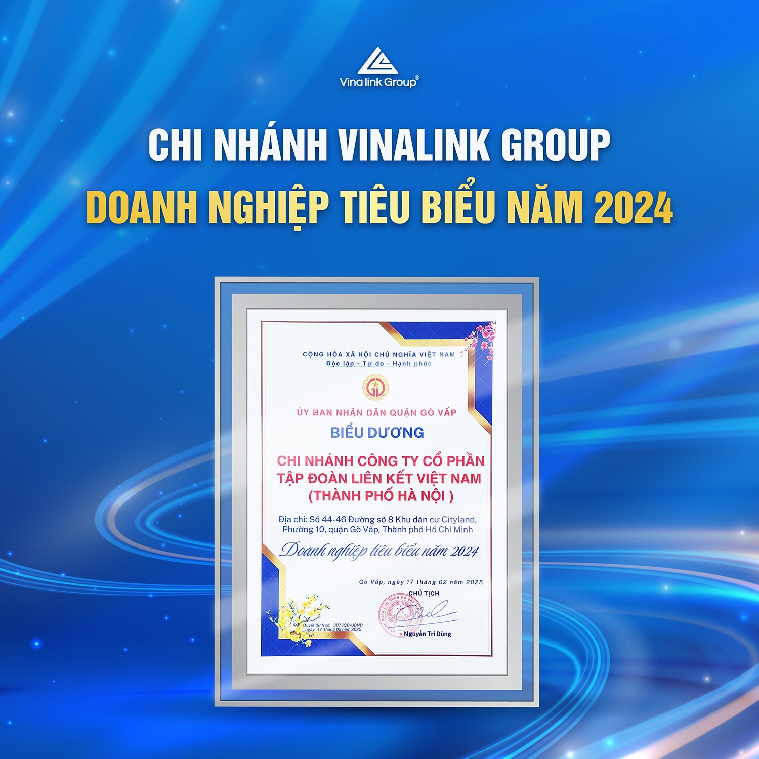 Chi nhánh Vinalink Group - Doanh nghiệp tiêu biểu năm 2024 - 2