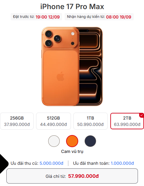 Mức giá iPhone 17 Pro Max 2TB chạm đỉnh lịch sử - 64 triệu đồng - 2