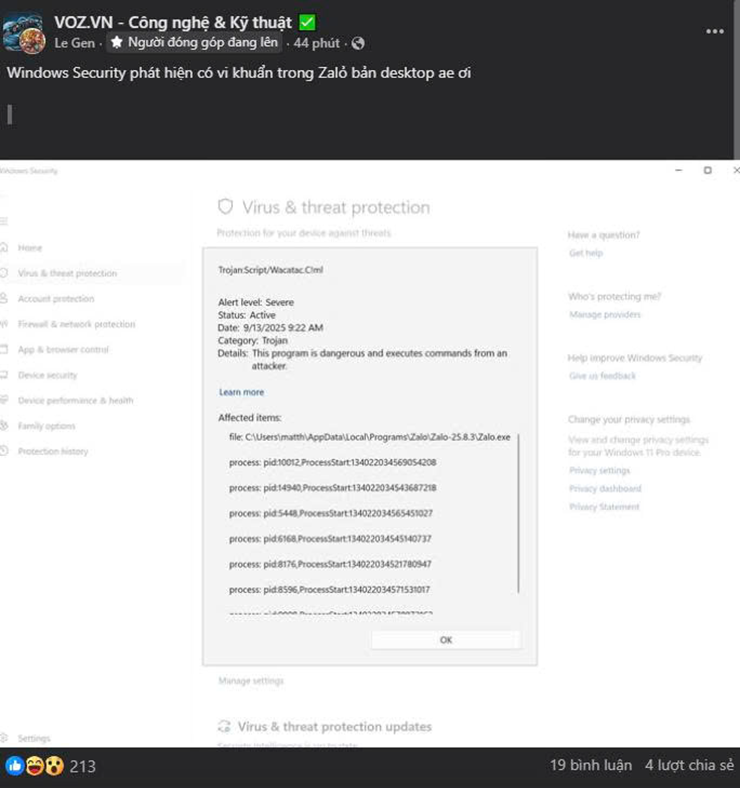 Xôn xao ứng dụng Zalo PC bị Windows Defender phát hiện chứa mã độc - 2