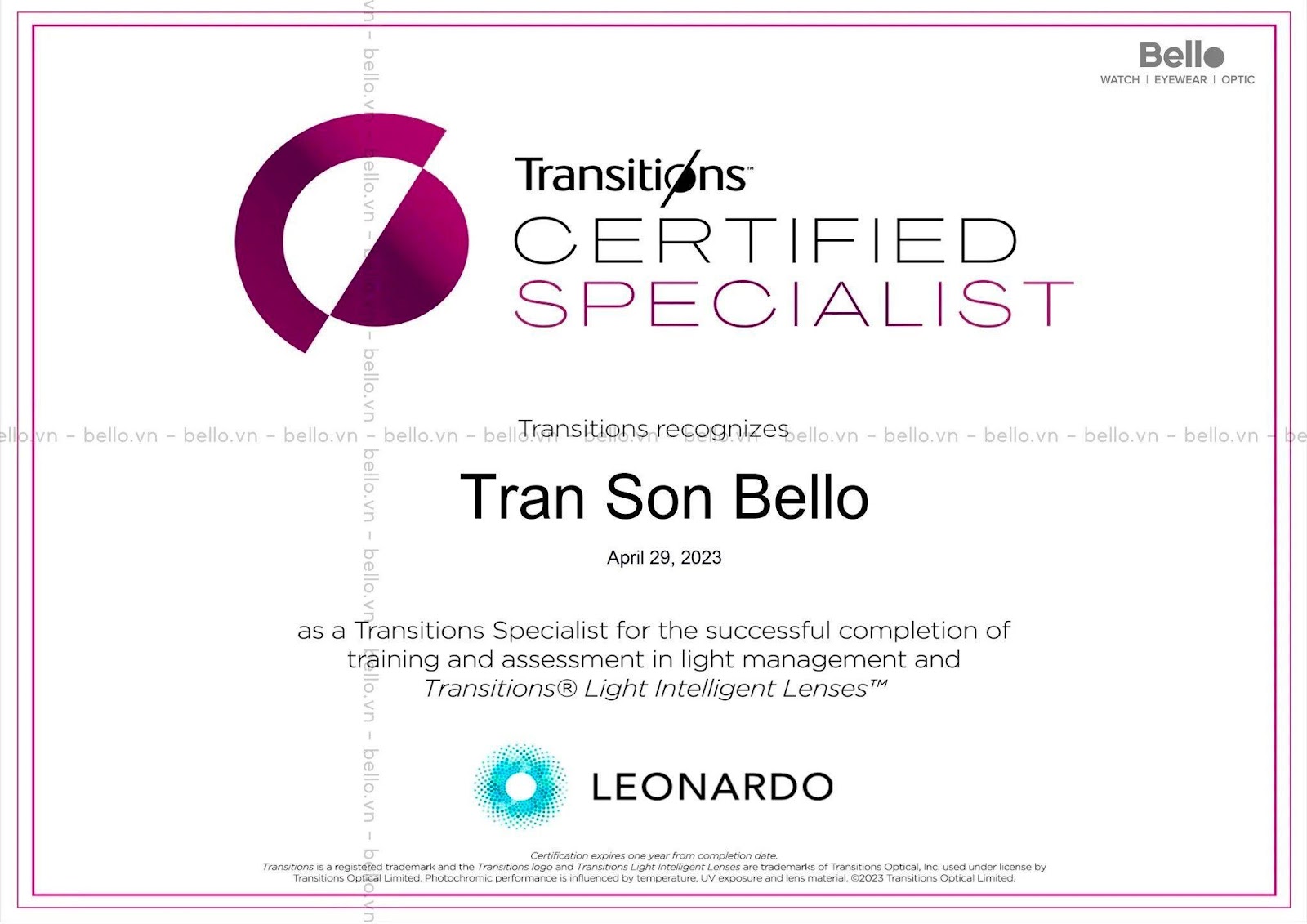 Bello Eyewear chuyên gia tròng kính đổi màu Essilor Transitions Specialist tại Việt Nam - 2