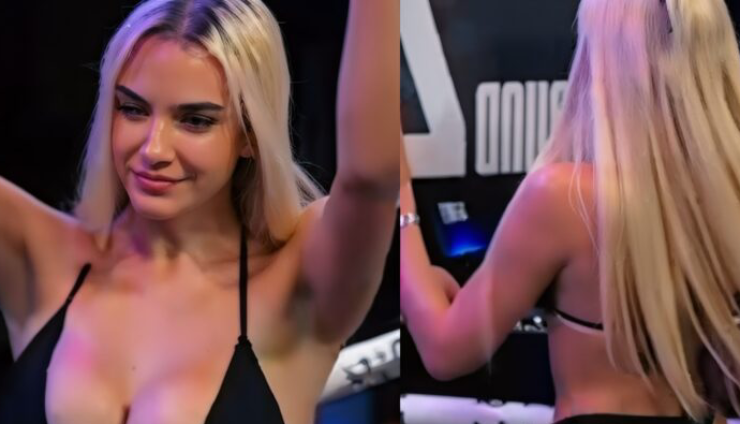 Cô gái mặc bikini siêu nhỏ trên sàn boxing, suýt bị nam võ sĩ đấm trúng mặt - 1
