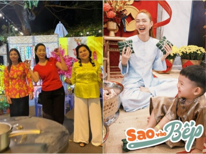 Gia đình - Sao Việt gói bánh chưng: NSND Trịnh Kim Chi nhảy múa bên nồi bánh, Minh Hằng "gây bão" khi tự khen
