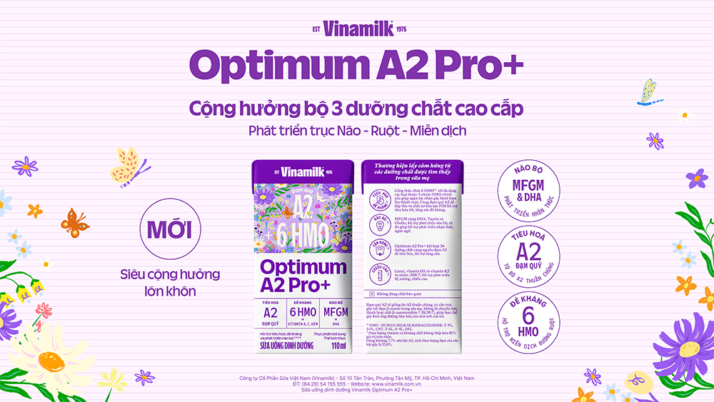 Vinamilk ra mắt Optimum A2 Pro+ với lợi ích cộng hưởng từ đạm quý A2 - 6 HMO - MFGM & DHA - 3