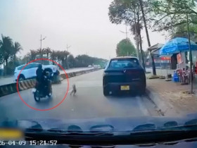 Clip: Tránh chó chạy ra đường, xe máy bị ô tô lao qua dải phân cách đâm trúng