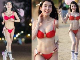 Phát hiện người đẹp mặc bikini đỏ gợi cảm, nổi bật nhất giải chạy bãi biển