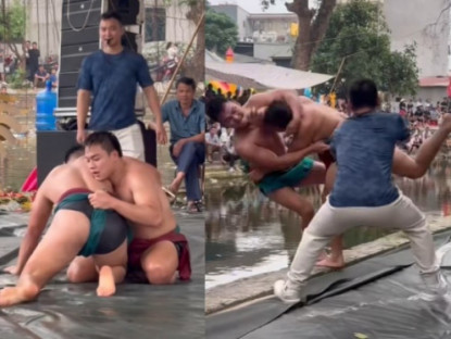Thể thao - Kịch tính trận vật hội làng tranh 30 triệu đồng, 2 đô vật ôm nhau lao xuống hồ