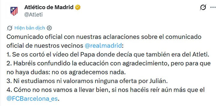 Atletico chế giễu Real Madrid vụ vồ hụt Alvarez: "Các bạn còn hài hước hơn Barca" - 1
