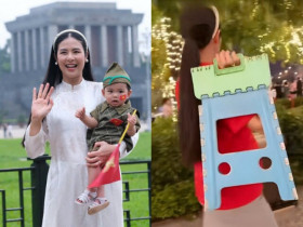 HH Ngọc Hân bầu sắp đẻ vẫn cực năng lượng: Tự tay trang trí cờ hoa cho khu phố, vác ghế đi xem A80