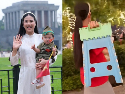 Gia đình - HH Ngọc Hân bầu sắp đẻ vẫn cực năng lượng: Tự tay trang trí cờ hoa cho khu phố, vác ghế đi xem A80