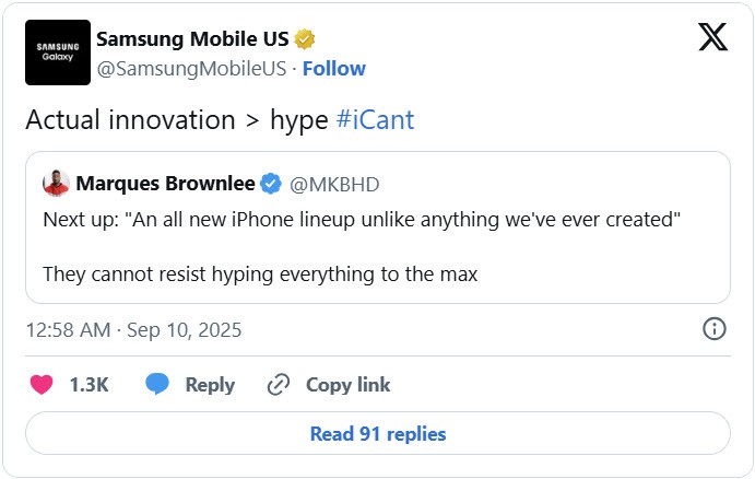 Samsung lại lên X "troll" Apple, đến iPhone 17 Pro cũng không tha - 2