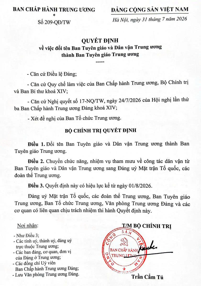 Sử dụng tên gọi chính thức "Ban Tuyên giáo Trung ương" từ 1/8 - 1