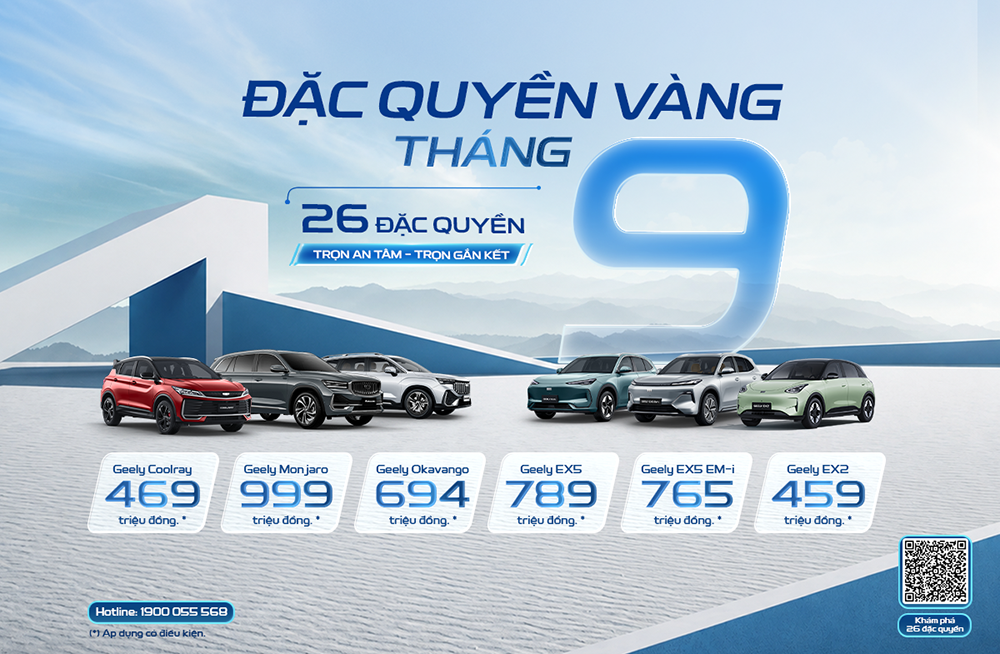 Geely bùng nổ khuyến mãi tháng 9: Giảm tiền mặt, hỗ trợ 50% phí trước bạ, tặng bộ sạc điện - 1