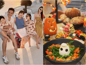 Vợ BTV đông con khoe tiệc Halloween hoành tráng tại nhà, có món "ngón tay máu" rùng rợn