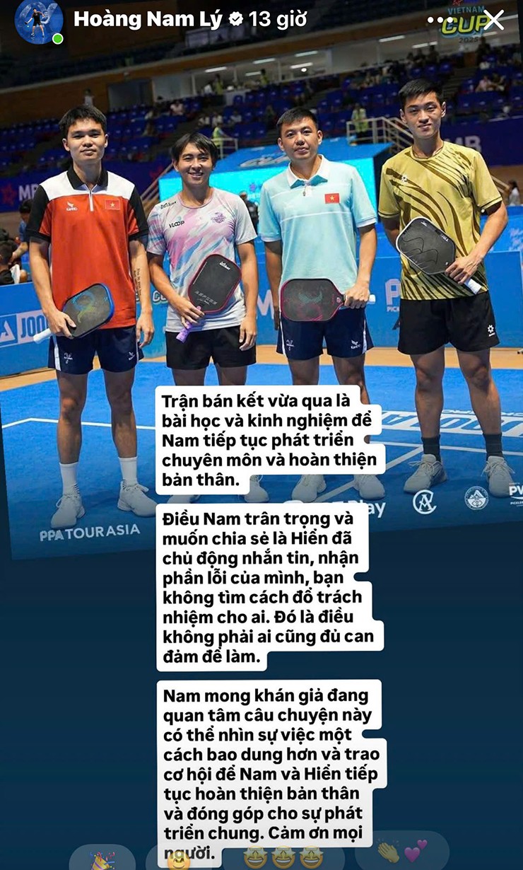 Vinh Hiển viết tâm thư xin lỗi sau trận pickleball tranh cãi, Lý Hoàng Nam lên tiếng - 2