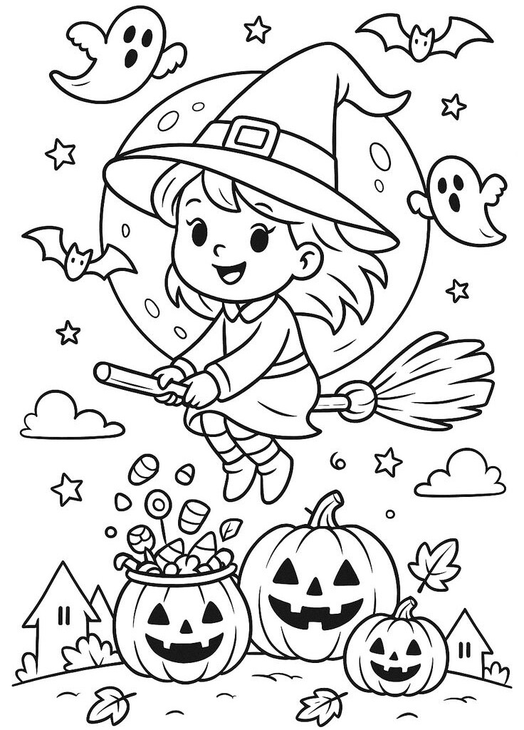 Halloween đến rồi, 20 bức tranh tô màu bí ngô, ma nhỏ, phù thủy đáng yêu cho bé - 11